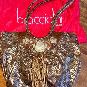 Vintage Braccialini Elegant Brown Snake Print Leather Shoulder Bag with dust bag